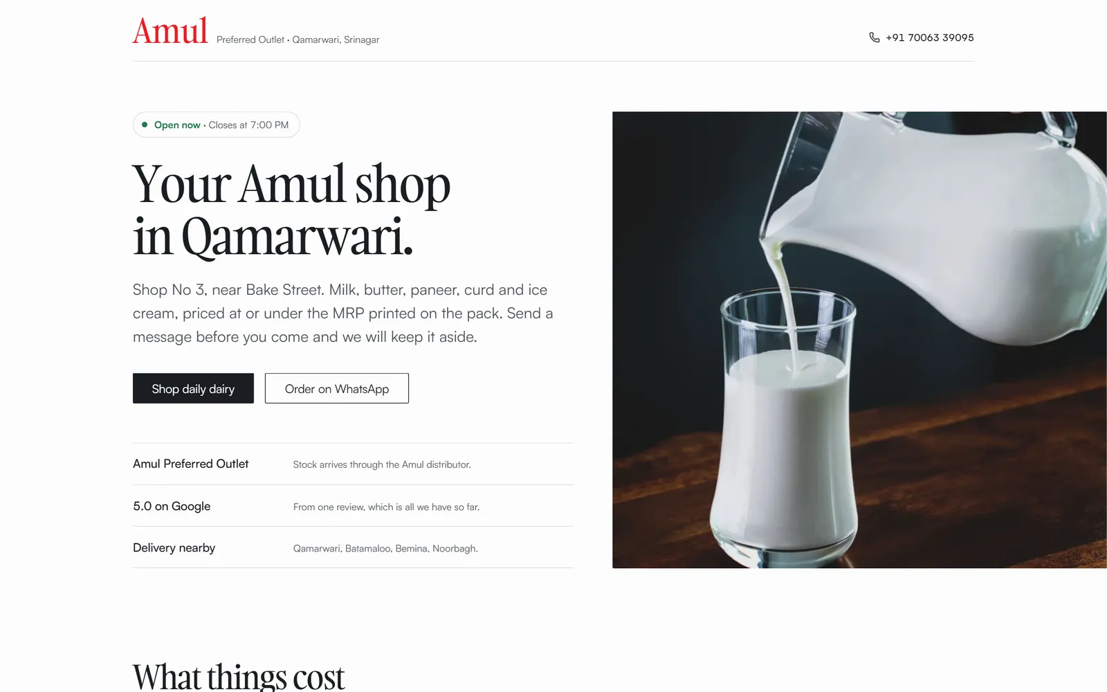 The Amul Qamarwari storefront: opening status, the shop address, and buttons to browse the daily dairy list or order on WhatsApp.